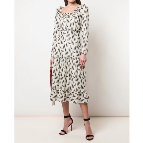 Saloni Abstract Feather Print Long Sleeve Ruffle Midi Dress - Picture 1 of 10